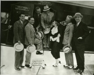 United Artists, L to R: Ed Finner, President MPPA; Hal Horne, publicist; Walt Disney; Al Lichtman, sales; Mary; Chaplin; Joseph Schenk, President U.A. - 1935