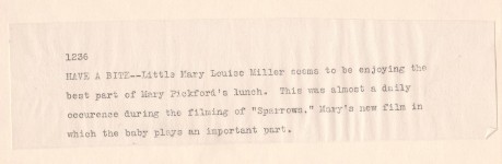 rb579 - Mary feeds Little Mary Louside Miller - back w. description, Sparrows 1926