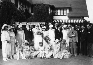 Pickfair - May 10, 1925. Wedding of Selmar Chalip and Verna Watson. Charlotte Pickford, Mary Pickford, Doug Fairbanks, Reverend Dodd, Jack Pickford, and Robert Fairbanks