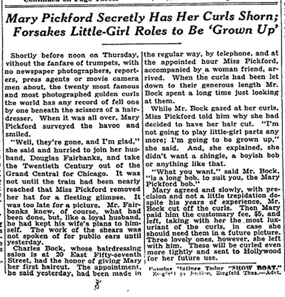 Mary Pickford - New York Times "Secretly Has Her Curls Shorn"