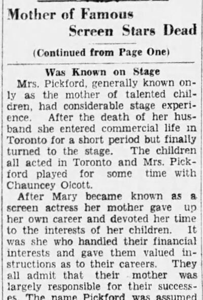 Ottawa Evening Citizen March 1928 – Charlotte Pickford Obituary pt. 2