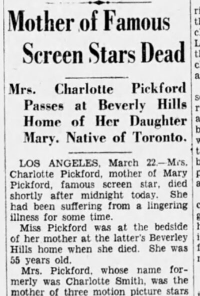 Ottawa Evening Citizen March 1928 – Charlotte Pickford Obituary pt. 1