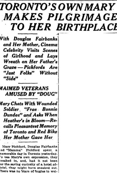 The Globe Toronto March 1924 – Toronto’s Own Mary Makes Pilgrimage to Her Birthplace