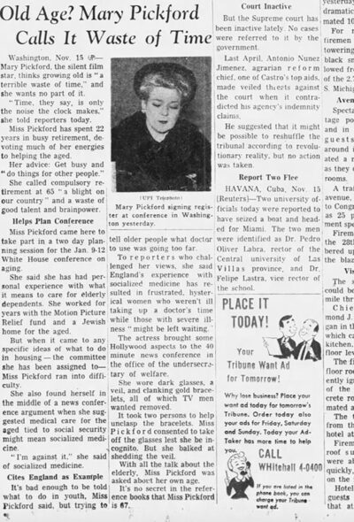 Old Age? Mary Pickford Calls It a Waste of Time